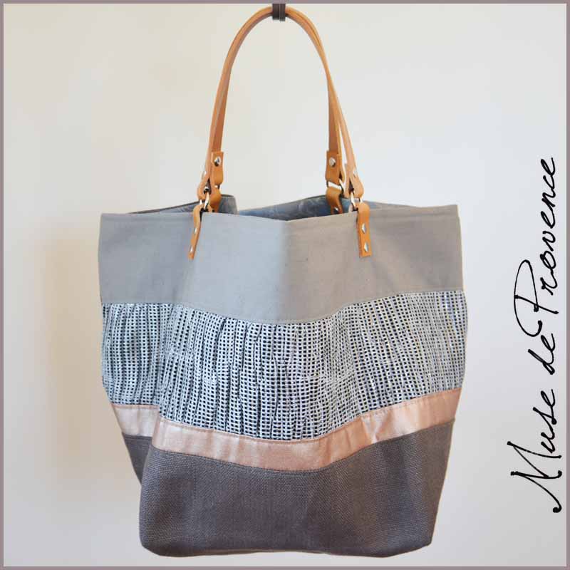 Sac cabas en tissu argenté et cuir UTOPIE | Muse de Provence