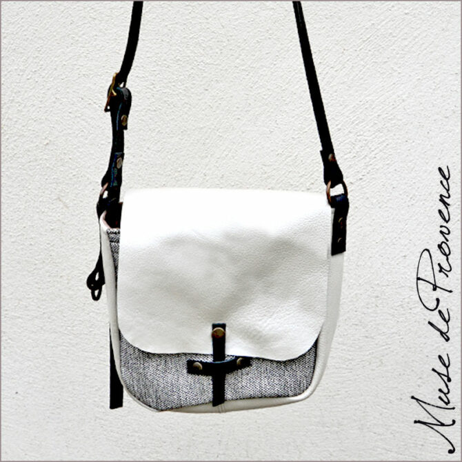 sac bandoulière blanc - sac bandoulière chic - sac bandoulière bi matière - Sac besace cuir