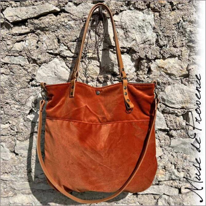 sac cabas pièce unique fait main - sac cabas velours orange flamboyant - cabas fait à la main