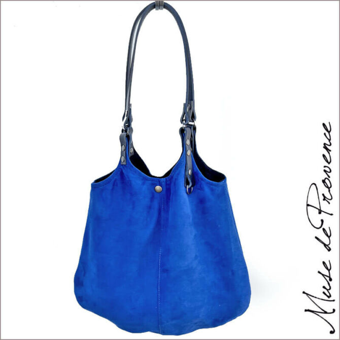 tote en daim bleu royal - sac tote en pièce unique fabriqué à la main en France