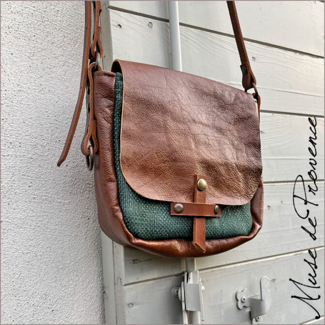 Petit sac besace - Sac bandoulière cuir et lin- sac bandoulière chic