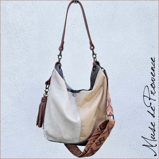 sac seau chic - Sac seau zippé - sac seau lin et cuir - Sac doré