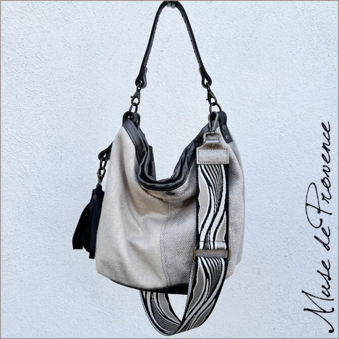 sac seau chic - Sac seau zippé - sac seau lin et cuir - Sac seau minimaliste