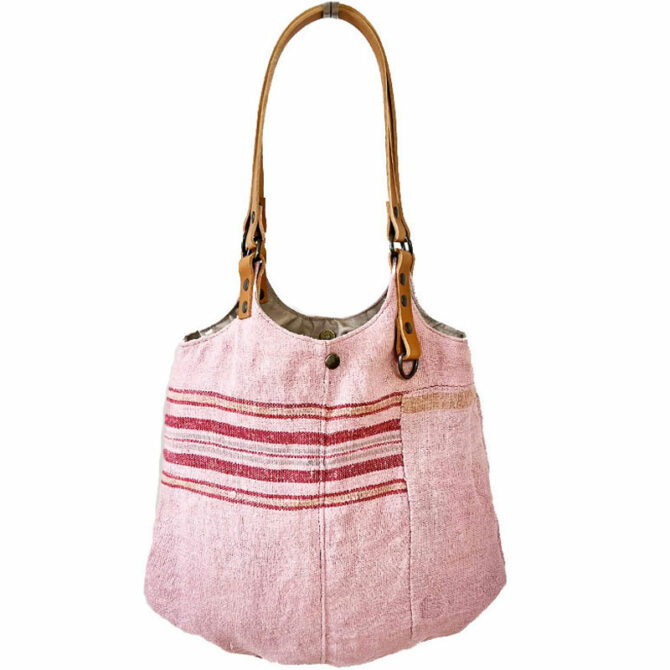 sac à main cabas rose -Sac cabas unique et original -Sac petit cabas bohème chic -Sac à main tissu recyclé chanvre rose