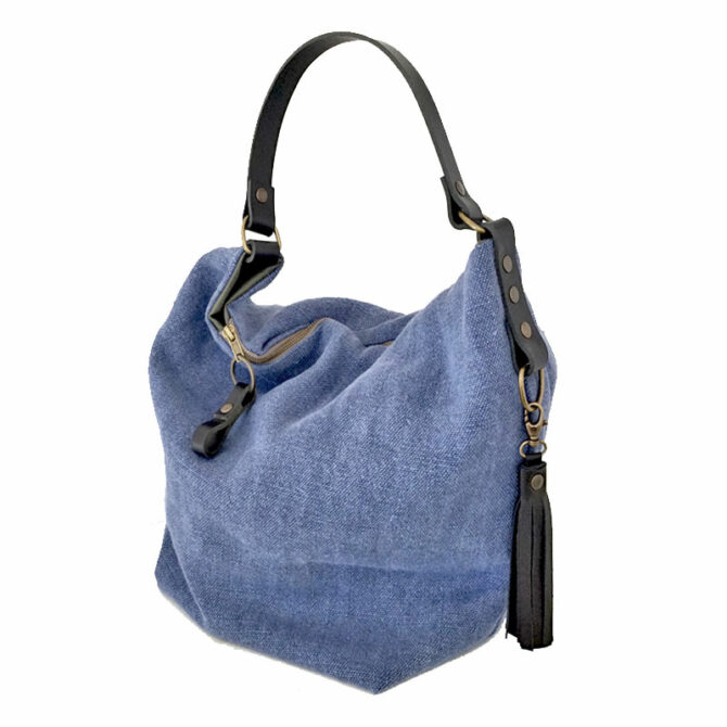 Sac à main zippé façon sac seau en lin lavé et cuir