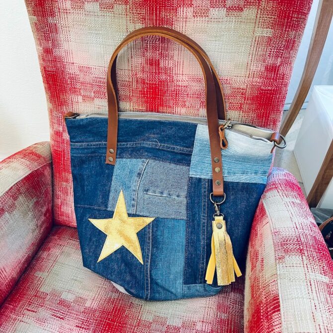 Sac cabas jean avec zip Céleste