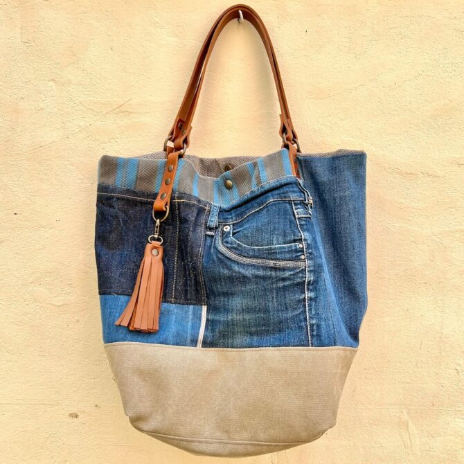 sac cabas jean, sac cabas patchwork jean, sac sur mesure