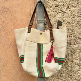 reversible canvas and leather tote bag