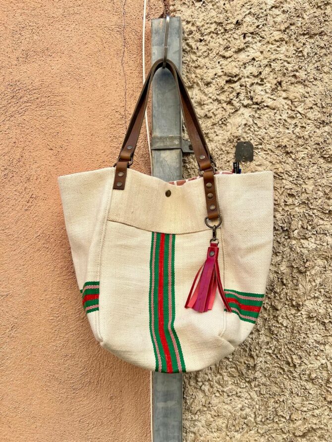 reversible canvas and leather tote bag