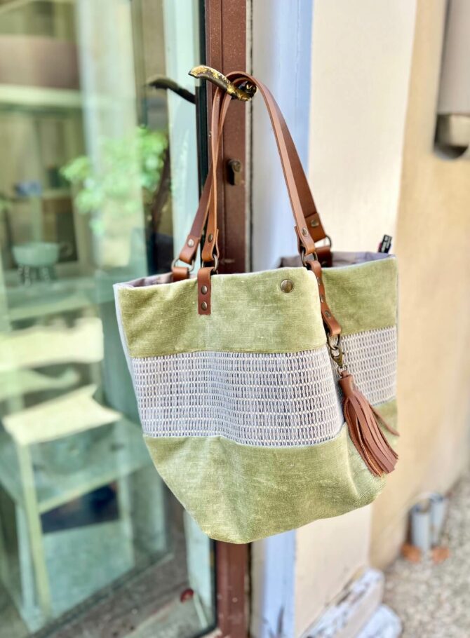 Sac cabas velours lin Sauge